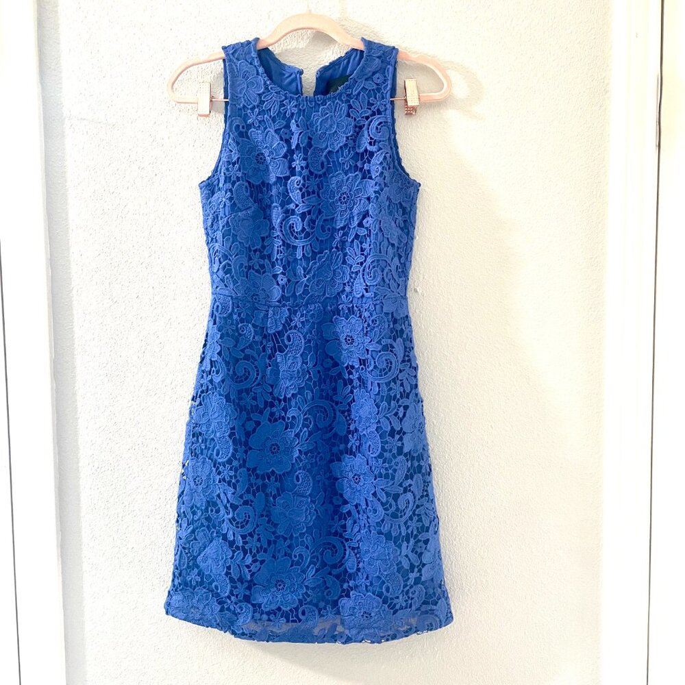 J. Crew | Cobalt Blue Floral Lace Overlay Sheath Dress 00